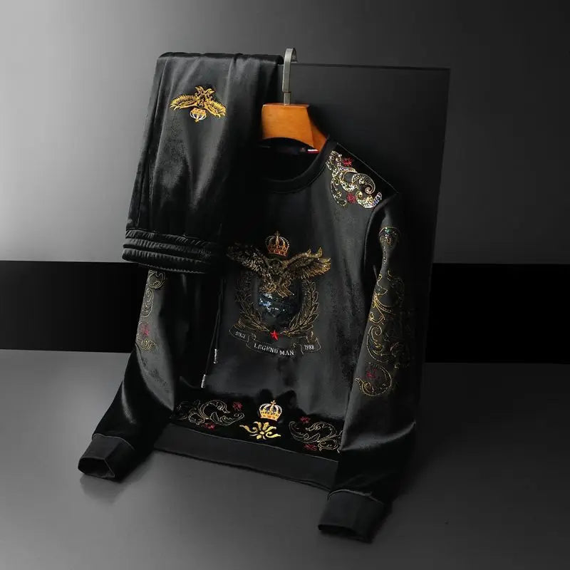 Winter plus velvet men's round neck casual suit fashion high-end embroidery crown eagle padded two-piece set