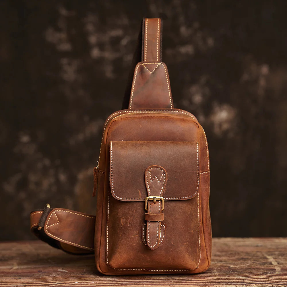 NUPUGOO Genuine Leather Chest Bag Vintage Men's Crossbody Bag Casual Shoulder Bag Daily Commute Small Satchel