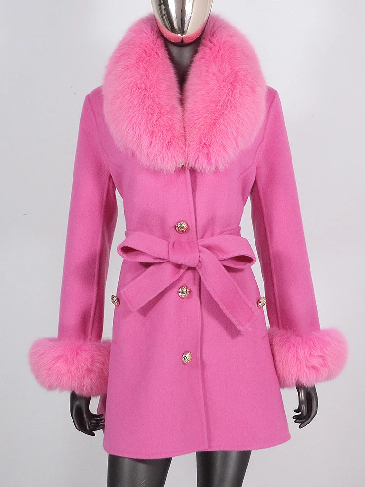 2022 Winter Jacket Women Real Fur Coat Natural Fox Fur Collar Cuffs Belt Cashmere Wool Woolen Warm Outerwear Fashion Streetwear