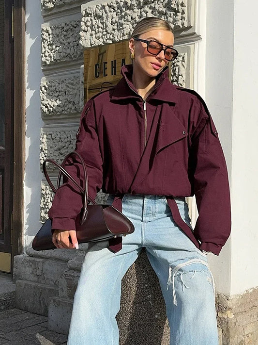 Women Solid Color Bomber Short Jacket High Collar Pocket Zipper Full Sleeve Coats Lady 2025 New Winter Fashion Highstreet Wear