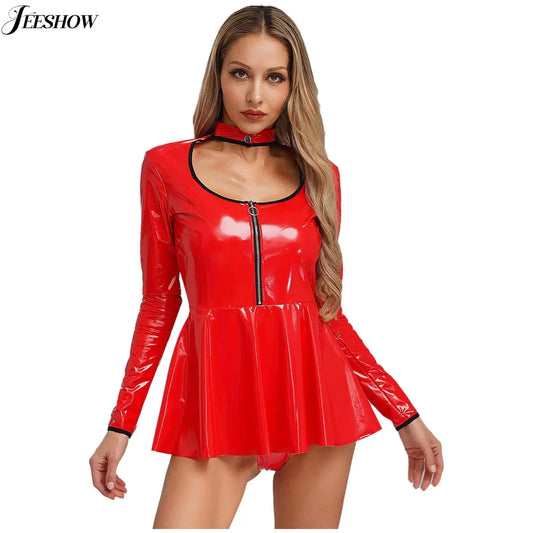 Womens Shiny PU Leather Mini Dress Mock Neck Cut Out Long Sleeve High Waist Micro A-line Dress Night Club Wear Lingerie Dresses