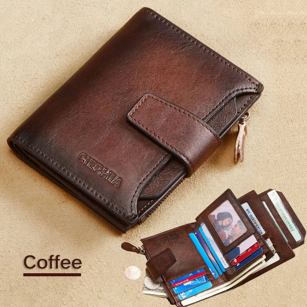 Men's Genuine Leather Wallet Vintage Short Multi Function Business Card Holder RFID Blocking Zipper Coin Pocket Money Clip