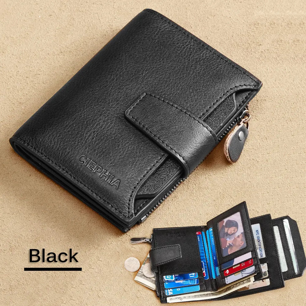 Men's Genuine Leather Wallet Vintage Short Multi Function Business Card Holder RFID Blocking Zipper Coin Pocket Money Clip