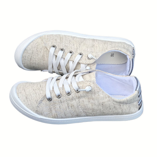 Women's New Flax Material Flat Casual Canvas Shoes, Cream-colored Comfortable Shallow-mouth Laces Low-top Soft-soled Light Breathable Large Women's Shoes