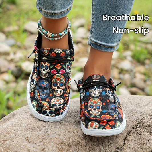 Women's Shoes Holiday Loafers, Breathable Non-slip Canvas Shoes, Skull Pattern Casual Halloween Elastic Strap Easy To Wear Flat