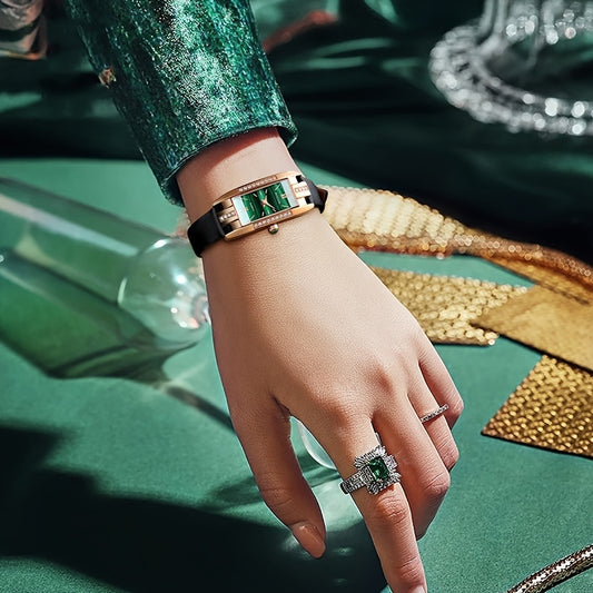 ROCOS Brand Retro Fashion Square Small Green Watch Niche Minimalist Women'S Watches Small Square Watch Zirconium Diamonds Inlaid Quartz Watch Women'S Watches Green Dial Cowhide Strap Holiday Gifts Gifts For Women