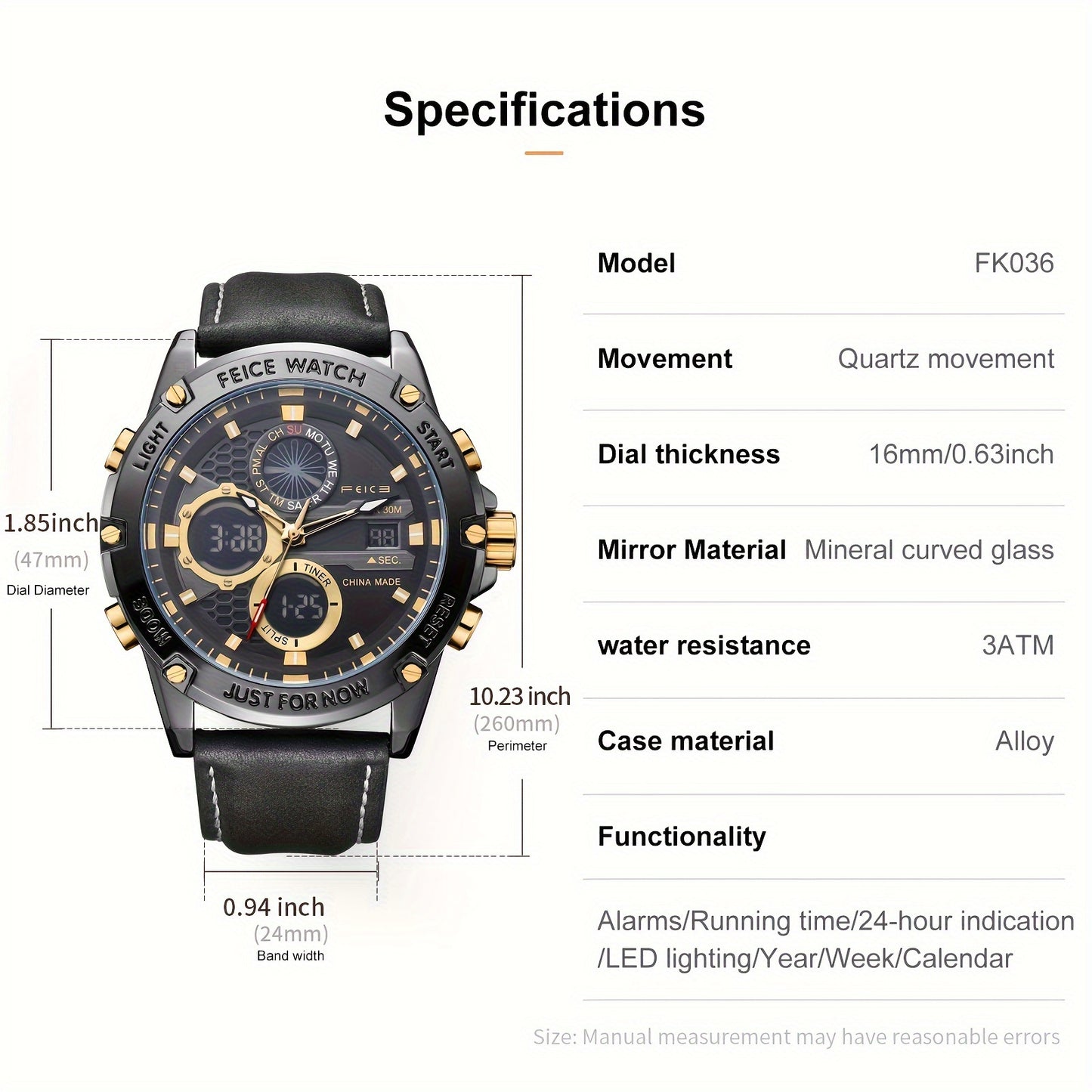 FEICE Brand Braveheart Series Dual Display Dual Movement Multifunction Men's Watches Industrial Style Retro Punk Men's Watches Waterproof Luminous Watches Black Belt Japanese Quartz Movement Chronographs Stopwatches Calendars