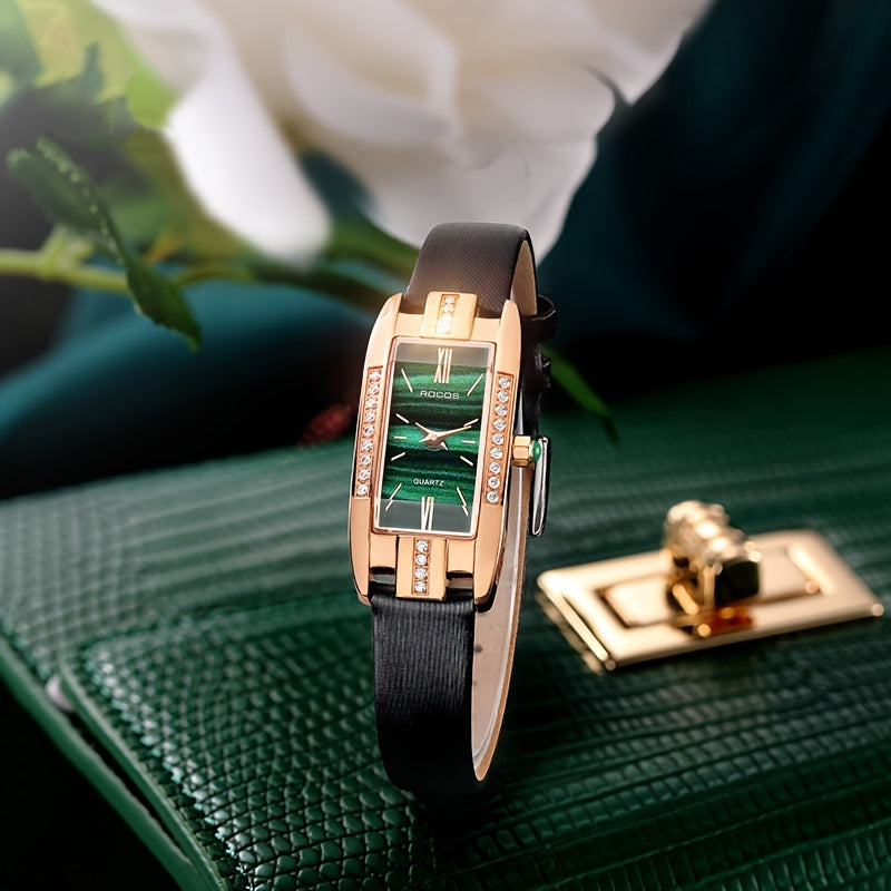 ROCOS Brand Retro Fashion Square Small Green Watch Niche Minimalist Women'S Watches Small Square Watch Zirconium Diamonds Inlaid Quartz Watch Women'S Watches Green Dial Cowhide Strap Holiday Gifts Gifts For Women
