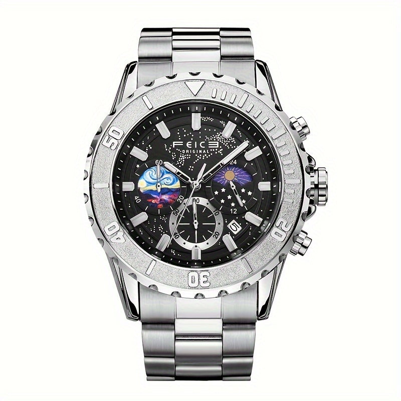 FEICE Brand Sun, Moon And Stars Strong Luminescence Multi-function Three-eye Chronograph Men'S Watches Sports Trend Star Quartz Watch Steel Belt Men'S Watches Gifts For Boyfriends