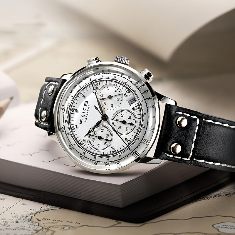 FEICE Brand Aviator Series Hyperbolic Mirror Multifunctional Retro Trend College Style Men's Watches Cowhide Strap Quartz Men's Watches Waterproof Gift For Boyfriend Calendar Running Seconds Chronograph 24 Hours Indication