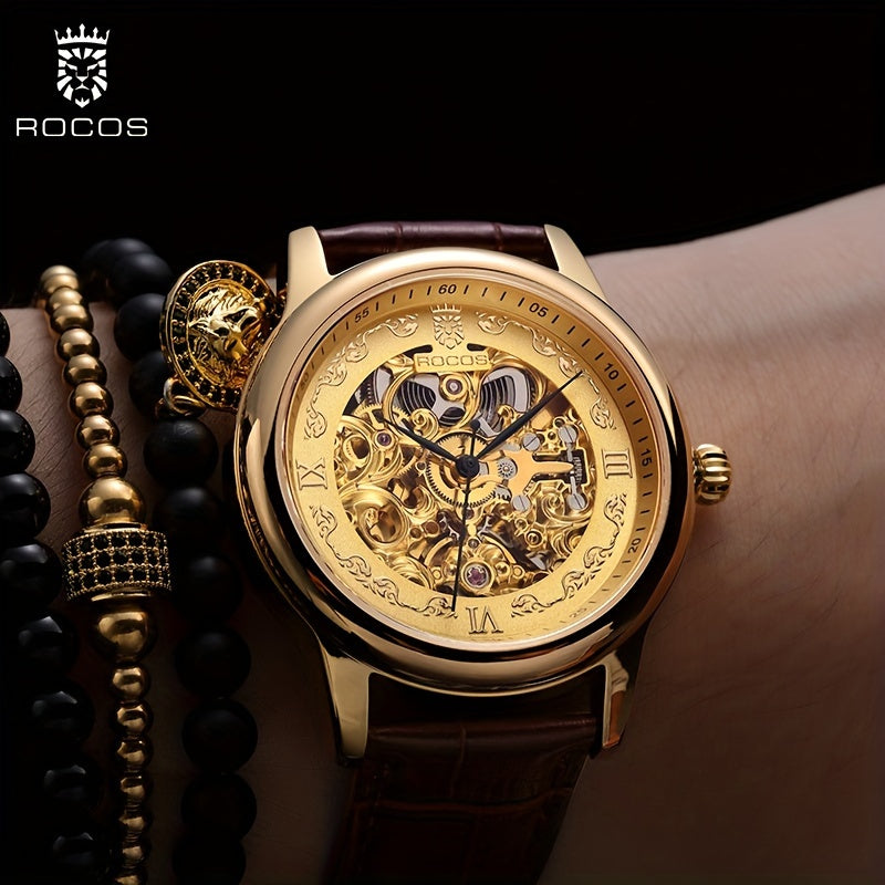 ROCOS Brand Skeleton Carving Series Double Skeletonized Business Vintage Casual Men's Watches Automatic Mechanical Watches Waterproof Men's Watches Calfskin Strap Men's Gifts