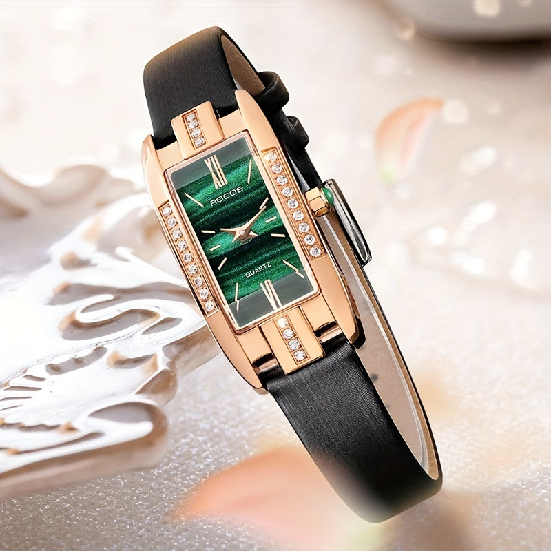ROCOS Brand Retro Fashion Square Small Green Watch Niche Minimalist Women'S Watches Small Square Watch Zirconium Diamonds Inlaid Quartz Watch Women'S Watches Green Dial Cowhide Strap Holiday Gifts Gifts For Women