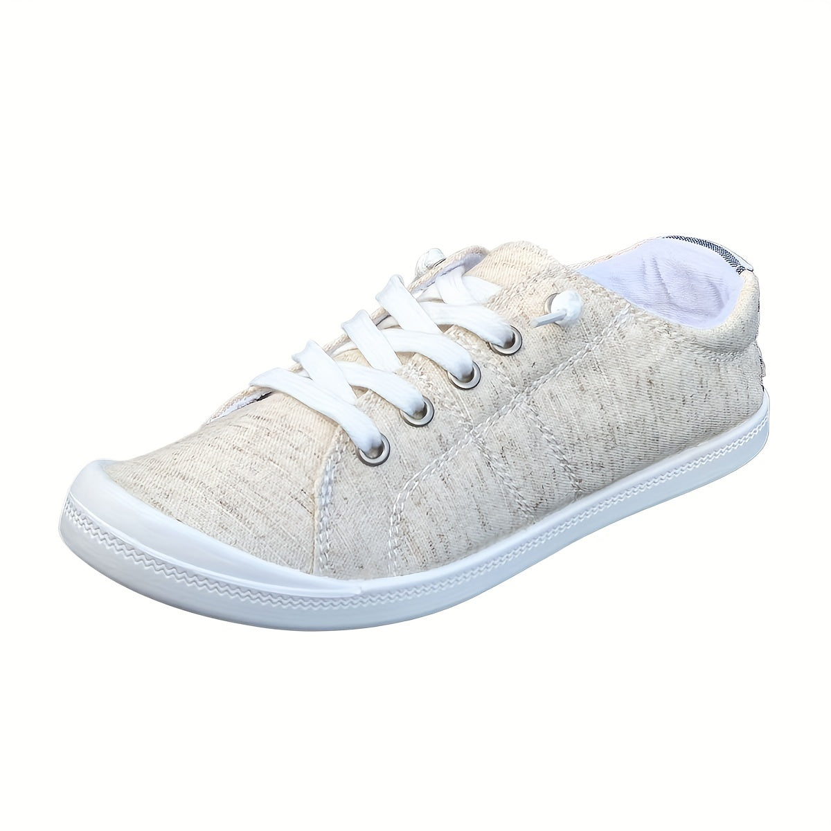 Women's New Flax Material Flat Casual Canvas Shoes, Cream-colored Comfortable Shallow-mouth Laces Low-top Soft-soled Light Breathable Large Women's Shoes