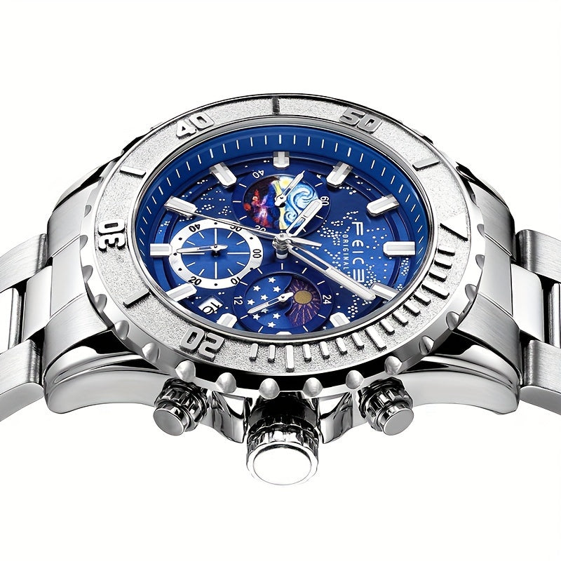 FEICE Brand Sun, Moon And Stars Strong Luminescence Multi-function Three-eye Chronograph Men'S Watches Sports Trend Star Quartz Watch Steel Belt Men'S Watches Gifts For Boyfriends