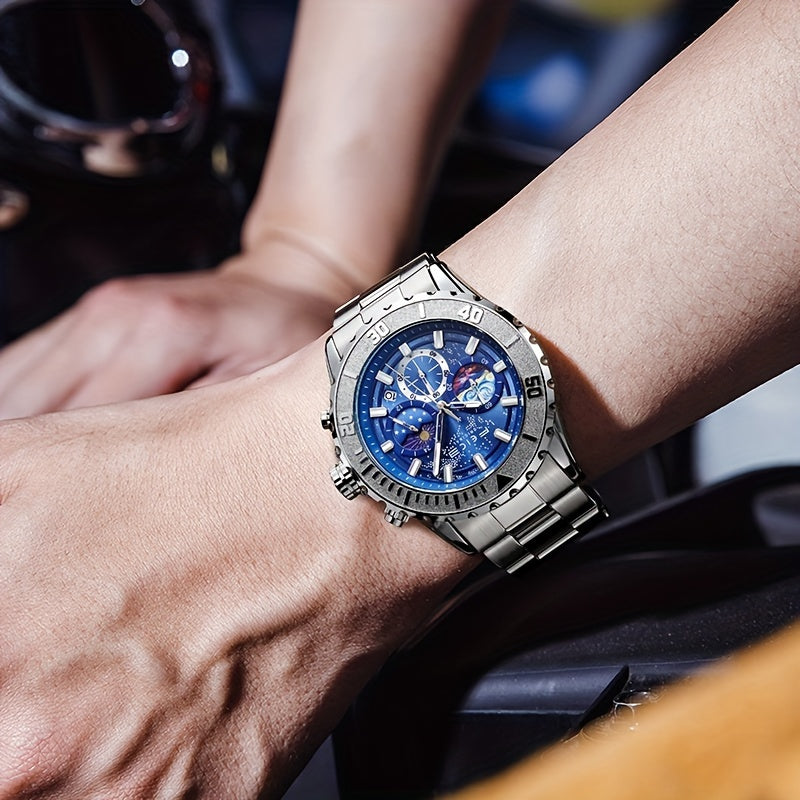 FEICE Brand Sun, Moon And Stars Strong Luminescence Multi-function Three-eye Chronograph Men'S Watches Sports Trend Star Quartz Watch Steel Belt Men'S Watches Gifts For Boyfriends
