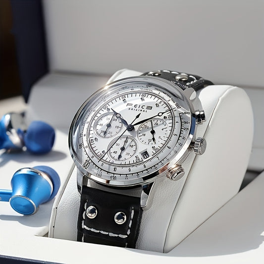 FEICE Brand Aviator Series Hyperbolic Mirror Multifunctional Retro Trend College Style Men's Watches Cowhide Strap Quartz Men's Watches Waterproof Gift For Boyfriend Calendar Running Seconds Chronograph 24 Hours Indication
