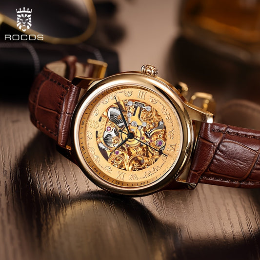 ROCOS Brand Skeleton Carving Series Double Skeletonized Business Vintage Casual Men's Watches Automatic Mechanical Watches Waterproof Men's Watches Calfskin Strap Men's Gifts