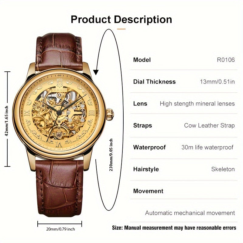 ROCOS Brand Skeleton Carving Series Double Skeletonized Business Vintage Casual Men's Watches Automatic Mechanical Watches Waterproof Men's Watches Calfskin Strap Men's Gifts